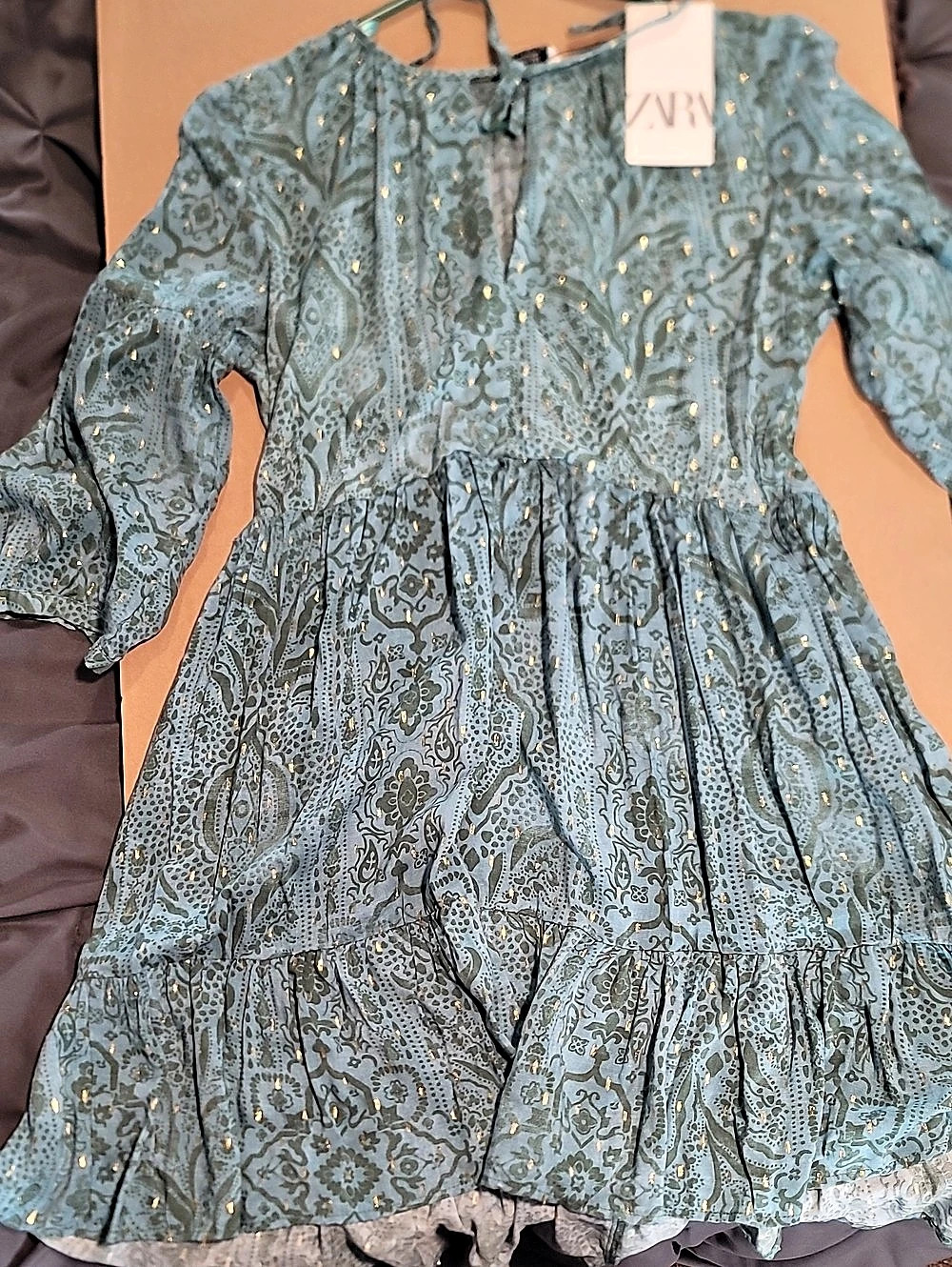 Zara Metallic Thread Tiered Mini Dress Paisley Blue XS